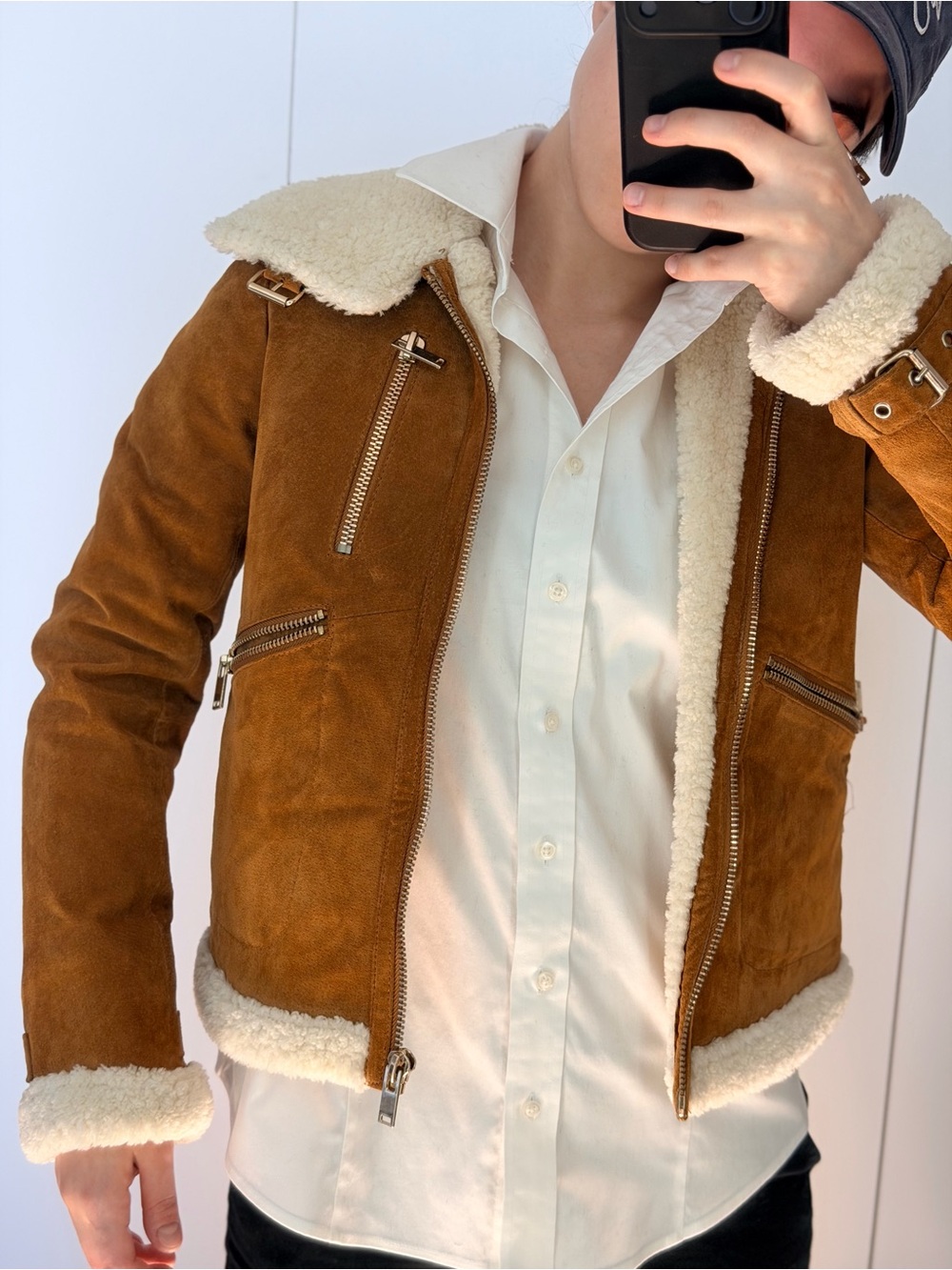NWOT Unisex Brown Shearling Suede Jacket - Plush Lined Winter Coat Size XS-S - Picture 4 of 6